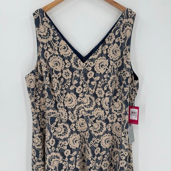 Vince Camuto Sleeveless Lace Overlay Fit & Flare Midi Dress Blue Beige Plus 22W - Picture 2 of 10